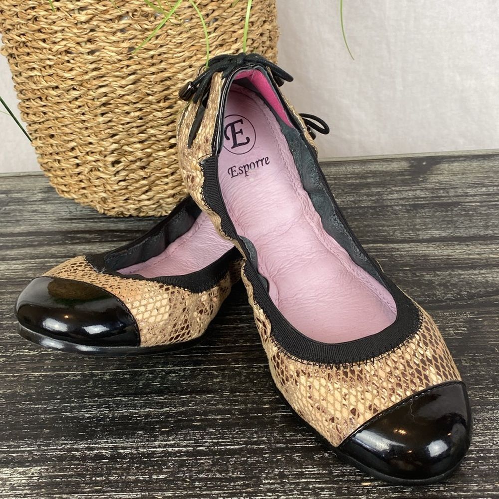 Esporre Reptile Snake Print Brown & Black Cap Toe Ballet Flat Shoes 6.5